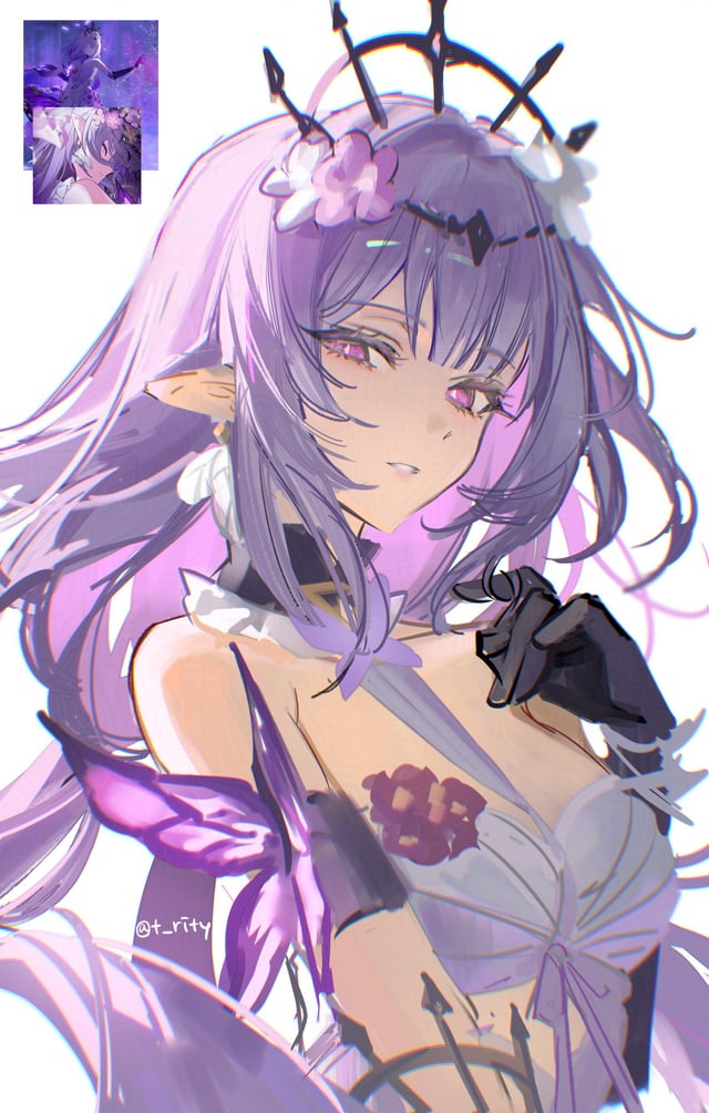 he image is a digital artwork depicting a beautiful anime girl with long, flowing purple hair. she has elflike ears and wears a delicate crown adorned with flowers. her dress is adorned with butterfly wings and pastel flowers. the overall style is ethereal and magical, with vibrant yet delicate colors. the level of detail is impressive, capturing intricate features and creating a captivating scene.  smaller images of similar anime girls are visible in the top left corner.