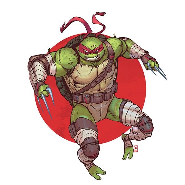 this is a colorful and detailed illustration of a teenage mutant ninja turtle. the turtle is green with a brown shell and is wearing a red mask and a black headband. he is holding two sai in his hands and is posed in a dynamic action stance. the turtle has a fierce expression on his face, suggesting that he is ready for battle.  the background is a red circle, which creates a sense of energy and movement. the overall style of the illustration is cartoonish and energetic, which is typical of the teenage mutant ninja turtles franchise.