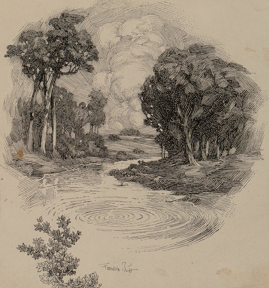 this is a black and white drawing of a landscape. there are trees on both sides of the image, and a river flows through the middle. the sky is cloudy, and there are ripples in the water. there is a plant in the bottom left corner.