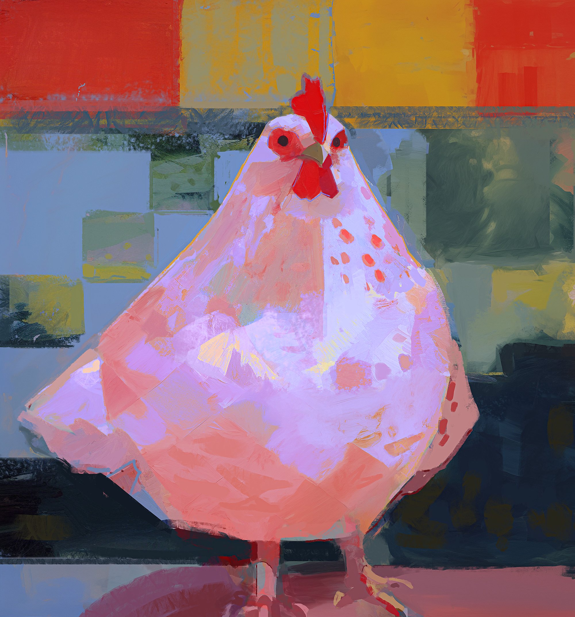 a closeup digital painting of a pink chicken with red comb and wattles, set against a colorful abstract background. the chicken is facing the camera, with its head slightly tilted. the background is composed of geometric shapes and patterns, with shades of orange, yellow, blue, green, gray and teal. the painting style is abstract and impressionistic, with visible brushstrokes. the chicken is the main subject, with its pink feathers highlighted against the vibrant background. the painting has a whimsical and cheerful feel.