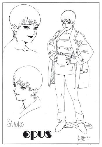 this is a black and white drawing of two female anime characters. the first character on the left is named satoko. she has short, straight, spiky black hair and is only shown from the chest up. the second character on the right is only identified as "opus" but looks similar to the first character in her overall design and has similar hair.  the image is a design sketch of the two characters. the character on the right is drawn from the waist up and is wearing a long, belted jacket over a short dress. she is wearing black boots.