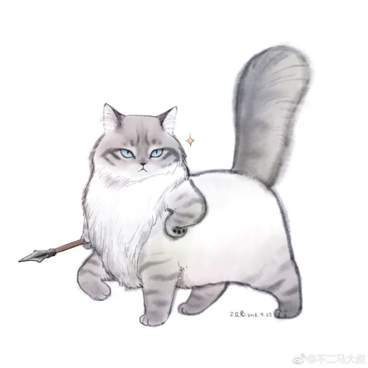 a whimsical illustration of a fluffy, grey and white cat standing on its hind legs, holding a spear. the cat has striking blue eyes and a determined expression. it's depicted as a warrior, with its fluffy tail held high. there's a small starlike sparkle near the cat's head.