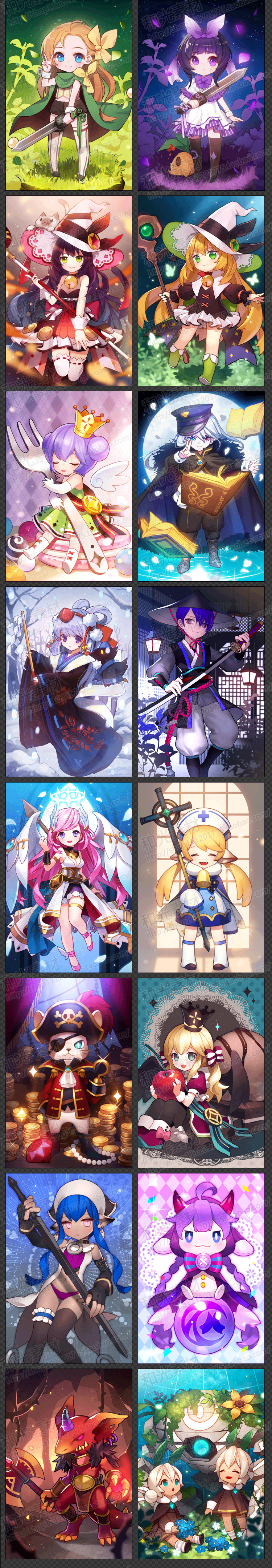 this is a digital illustration of different anime girls. it has various girls with different outfits and accessories. the backgrounds are colorful and have fantasy elements. the images are neatly arranged in a collage format, with each image having a border. this could be from a mobile game or anime.