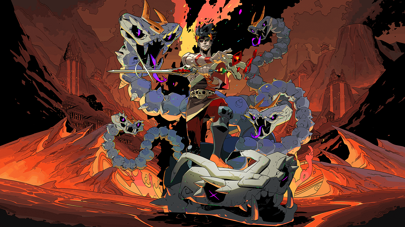 a valiant hero standing atop a defeated, fiery hydra, wielding a sword in his right hand, ready to face any further challenges.