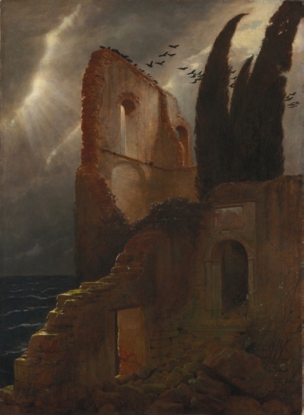this is a painting by caspar david friedrich titled "monastic ruins by the sea." it depicts the crumbling remains of a stone building located near the sea under a dramatic, cloudy sky. tall, dark cypress trees stand beside the ruins, and a flock of birds flies overhead. light streams down from the sky, illuminating parts of the ruins and the sea. the overall mood is somber and evocative, typical of romantic landscape painting.