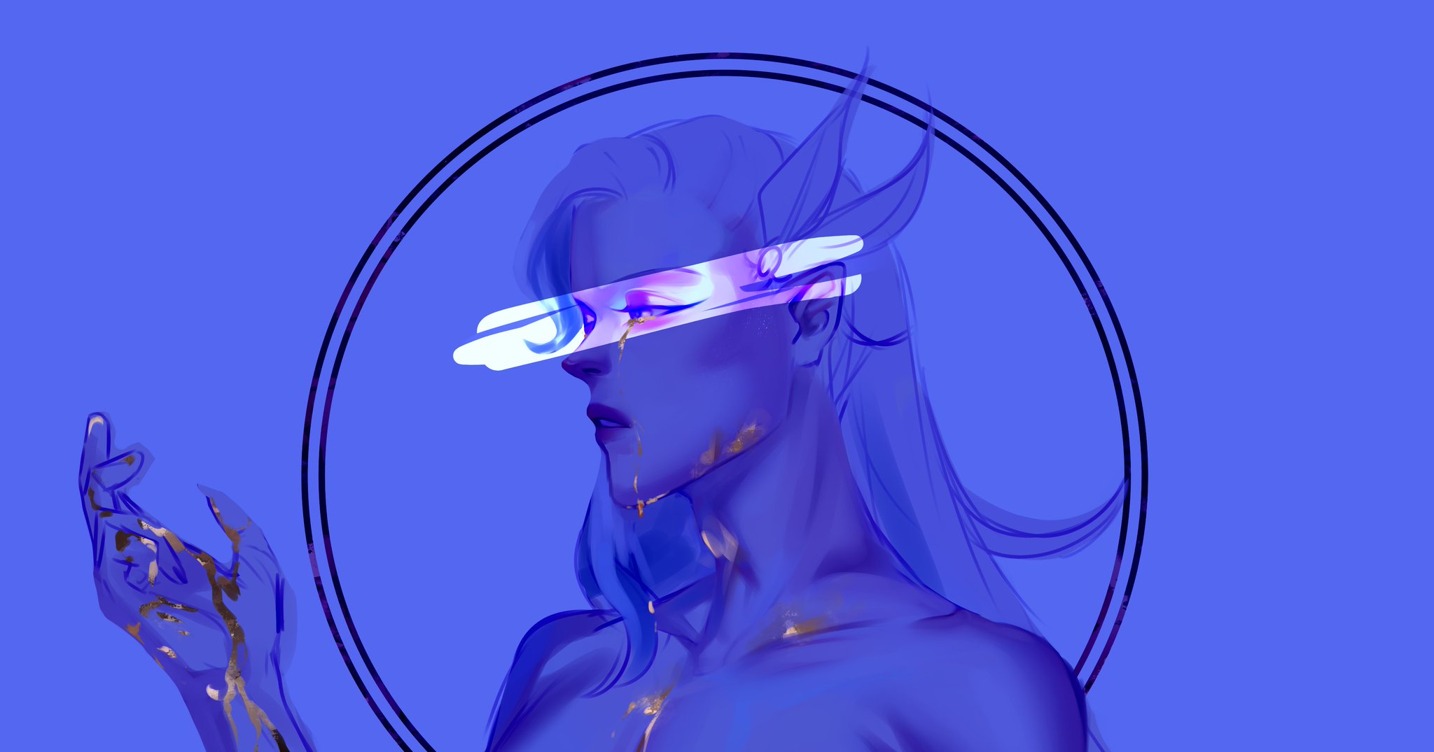 a digital art portrait of an anime woman with long blue hair with gold streaks. her eyes are closed and she looks sad. her face has streaks of gold liquid running down her face. she has a blue halo behind her.