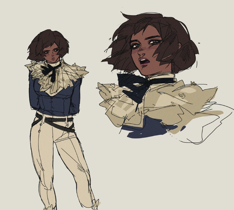 the image features a drawing of a woman, seemingly from an anime or manga style. she has short brown hair, dark eyes, and is wearing a blue jacket with a large white collar and ruffles, a black bow tie, white trousers with a black belt, and boots. her expression is determined and serious, with her mouth slightly open. the drawing is done in a loose and expressive style, with visible brushstrokes and a focus on the character's face and expression. the background is a plain light grey, which emphasizes the character and her outfit.