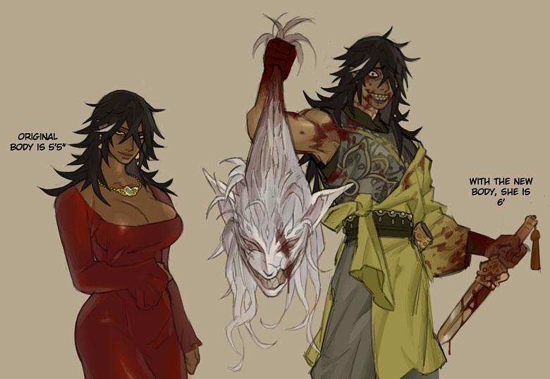this is a drawing of two anime characters. the female character is standing to the left wearing a red dress, she has long dark hair and appears to be human. she is standing next to a male character who is holding a bloody sword and the severed head of a monstrous creature. the male character has long dark hair, a crazy expression on his face, and is covered in blood. the text at the top describes the female character as "original body is 5'5''".  the text at the bottom describes the male character as "with the new body she is 6' ".
