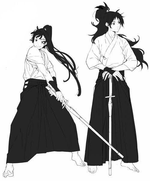 the image is a black and white drawing of two animestyle girls dressed in traditional japanese martial arts clothing, specifically kendo or iaido attire.  they are both wearing hakama (pleated skirts) and gis (training uniforms), and one is holding a sword or bokken. their hair is long and pulled back. the style is clean and detailed, focusing on the figures and their clothing.  they appear to be in a ready stance, suggesting a martial arts context. the background is entirely white, making the figures the central focus.
