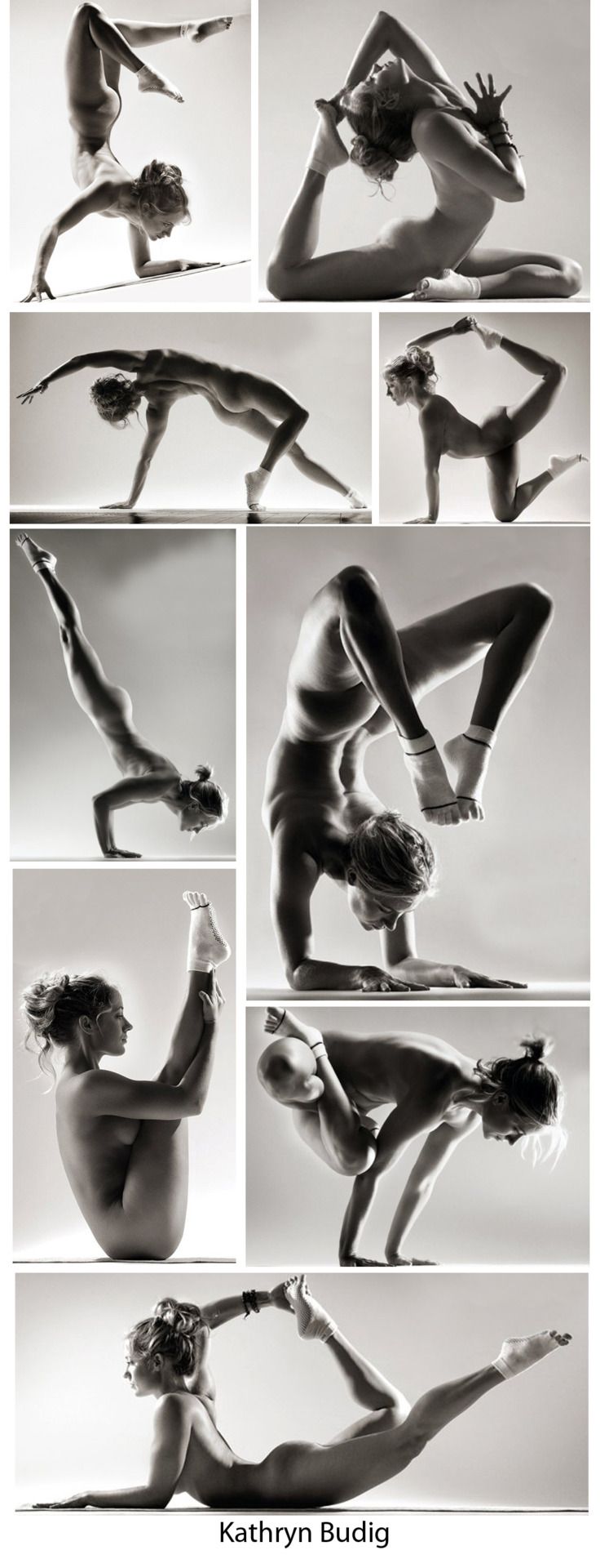 the image is a collage showcasing the incredible flexibility and strength of yoga instructor kathryn budig. photographed in black and white against a minimalist studio backdrop, kathryn flows through a series of advanced yoga poses. the highcontrast lighting emphasizes the lines and curves of her body, creating a sense of both power and grace. each pose is captured from different perspectives, highlighting the control and precision required for each asana.
