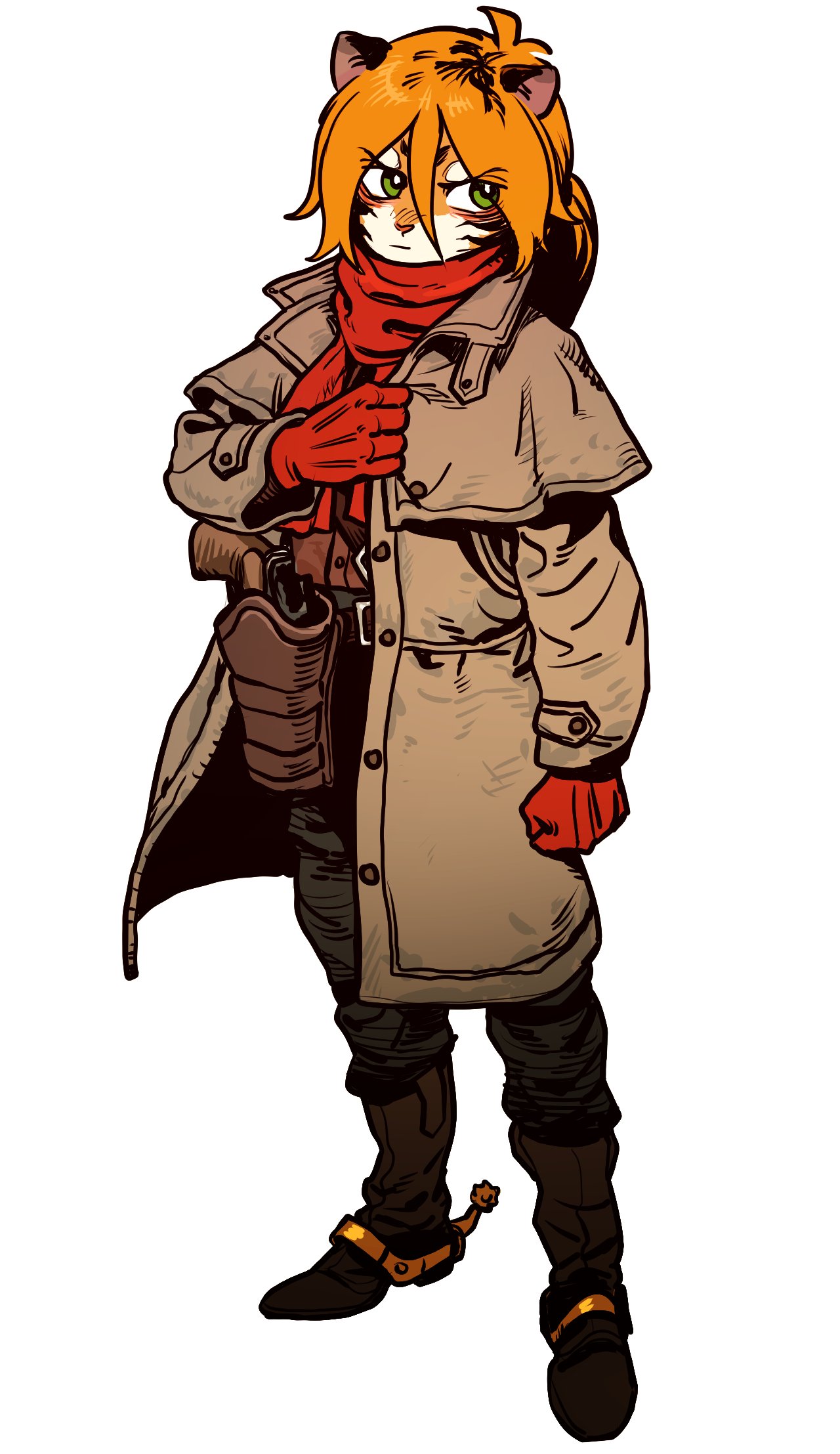 a digital illustration of an anthropomorphic feline woman dressed in a cowboy outfit. she has orange fur, a red scarf, a brown coat, brown boots with gold spurs, and a holster on her hip with a gun. the illustration is done in a cartoon style with thick black outlines.