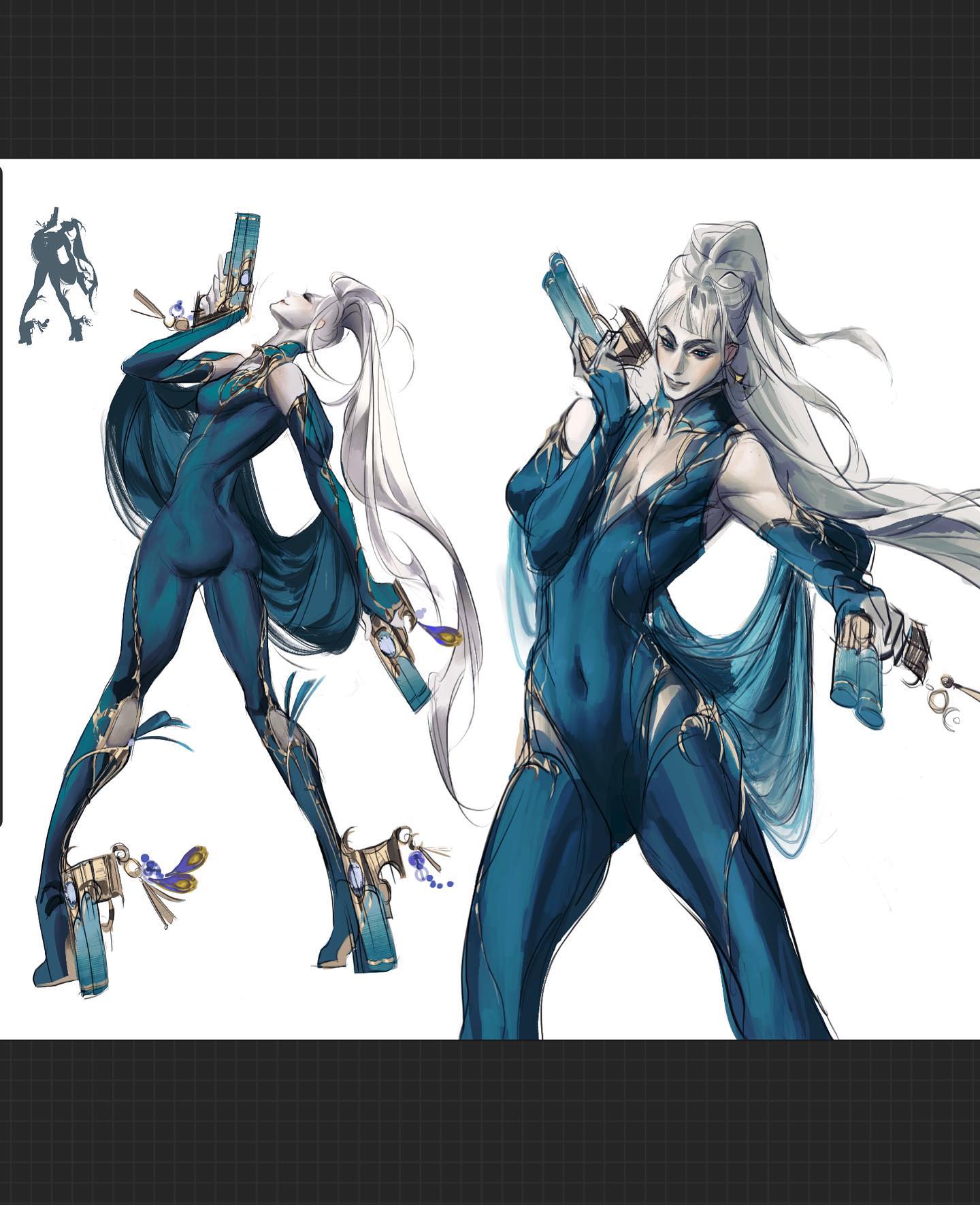 a digital sketch page of a female character concept in a dynamic pose. she is holding two pistols, wears a blue jumpsuit.  she has long white hair in a ponytail.