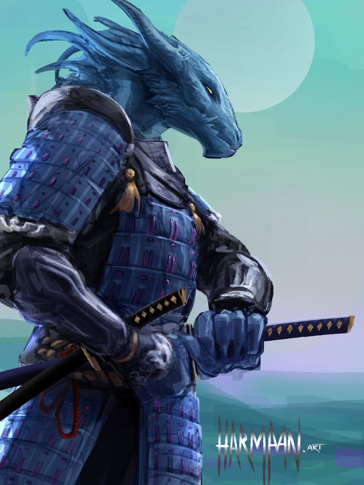 a digital art piece showcasing a blue dragon samurai with a katana. the dragon is clad in samurai armor, with a fierce expression on its face. the background is a soft blue and green, with a large moon in the distance. this image is a powerful and evocative depiction of the dragon warrior.