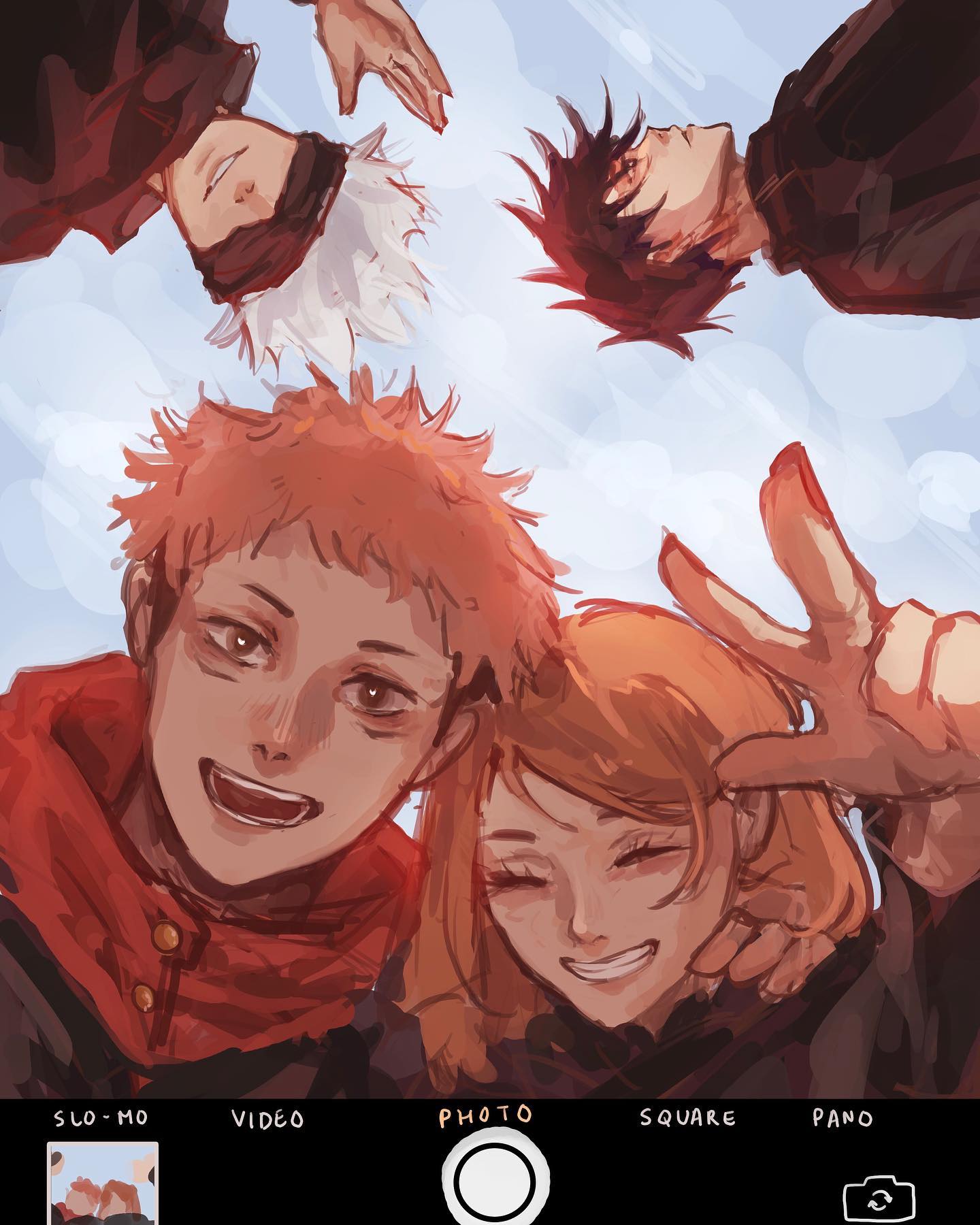 the image is a digital fanart depicting a group of four animestyle characters taking a selfie. they appear to be friends, and are all smiling happily. three of them are positioned upside down, playfully taking the photo, while the fourth character, with orange hair, is positioned in the foreground taking the photo.  the background is a bright, sunny sky. the style is loose and painterly, characteristic of fanart. the bottom of the image includes a simulated smartphone camera interface.