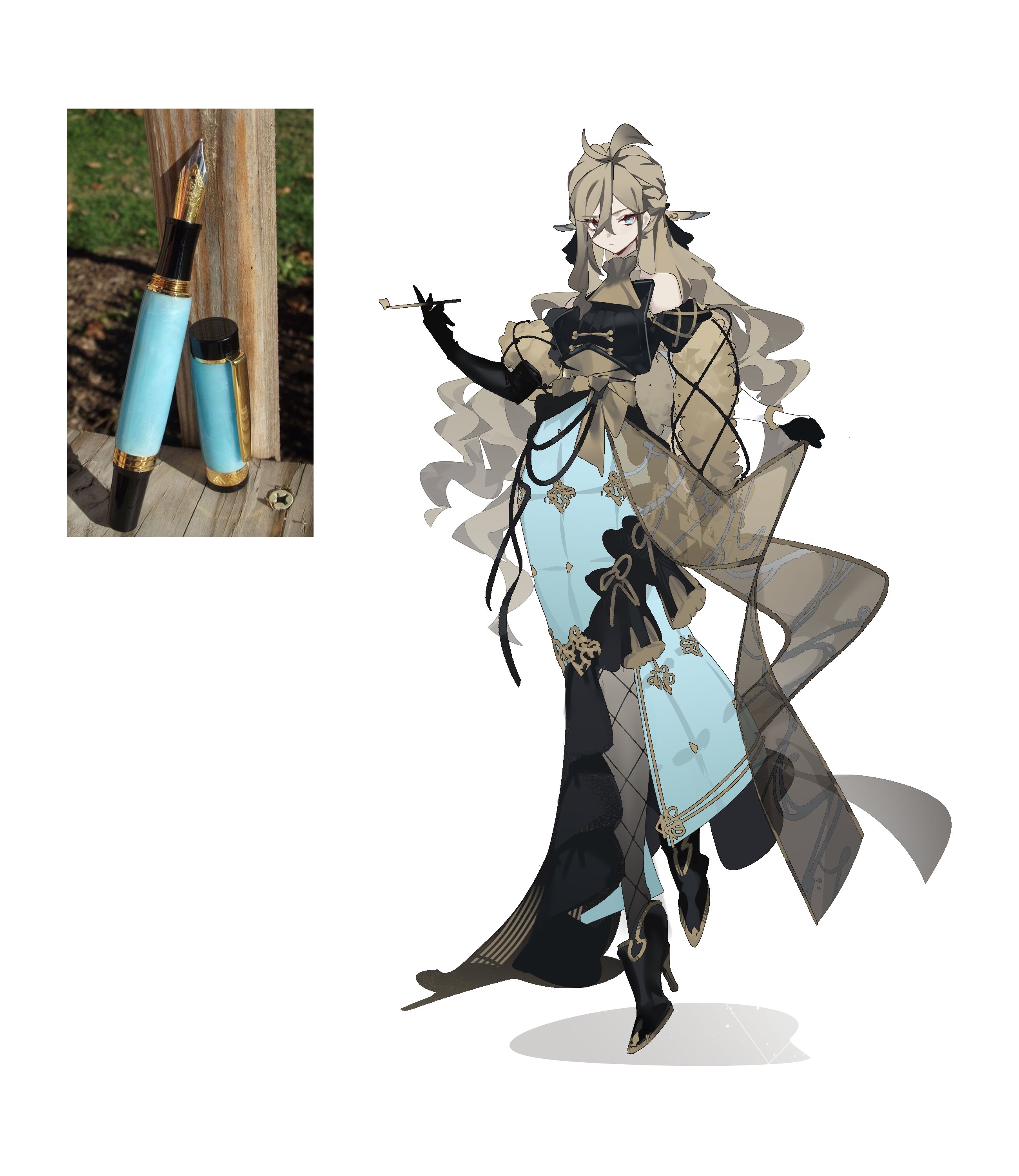 a fullbody illustration of an anime girl in a stylish blue and black dress, seemingly inspired by the provided image of a blue fountain pen.  she holds a long, thin object in her right hand as if it were a cigarette.  the style is reminiscent of fashion illustration.