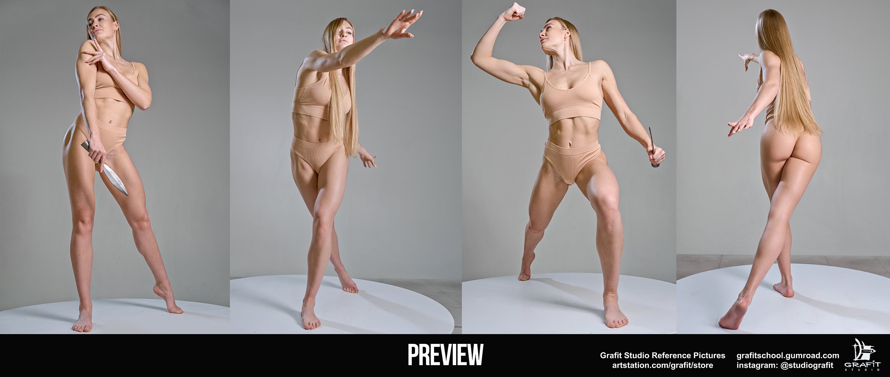 the image shows a young woman with long blonde hair, in a lightcoloured sports bra and underwear. she is shown in four different poses: holding a knife, striking with her right hand, flexing her bicep, and walking away.  the background is a simple grey studio backdrop.  she is a fit and muscular woman.  the image is a reference for artists.