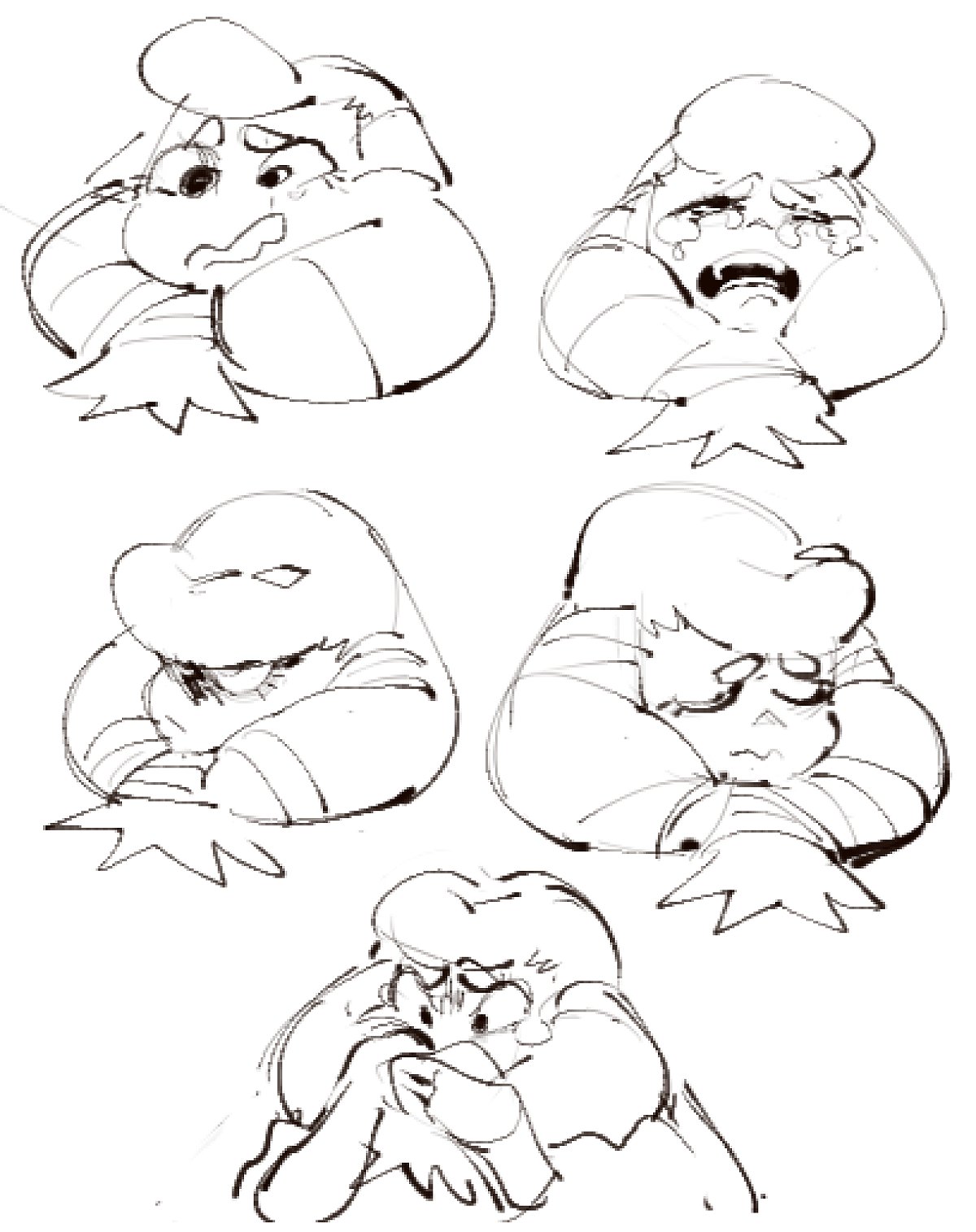 the image is a doodle of five cartoon characters, each with a different sad expression. the characters are all drawn in a simple style with black lines and white fill. the first character is crying with their hand over their face. the second character is crying with their mouth open. the third character is looking down, with their hand over their mouth. the fourth character is covering their face with their hands. the fifth character is looking down with their eyes closed. the characters are all drawn with different shapes and sizes. they are all facing the viewer. the background is white. the characters are all drawn with a simple line art style.