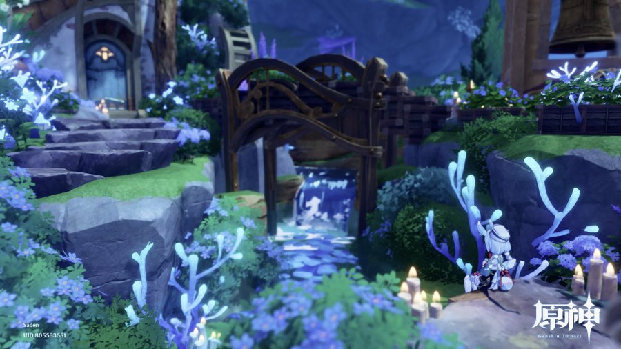 a serene night scene from the video game genshin impact.  a small character sits by a calm stream flowing under a small wooden bridge, nestled amongst glowing blue flowers and plants. the scene is lit by candles and features a rocky pathway leading to a stone building in the background.  the overall atmosphere is peaceful and magical.