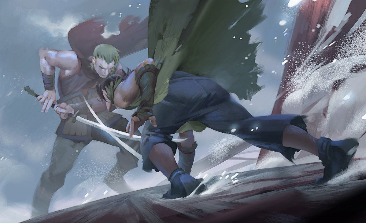 two warriors are battling in a snowy wasteland. the warrior on the left is wielding a sword, while the warrior on the right is about to strike with his own sword. snow is flying in the air, adding to the intensity of the scene. the image is very dynamic, and it conveys the ferocity of the fight.