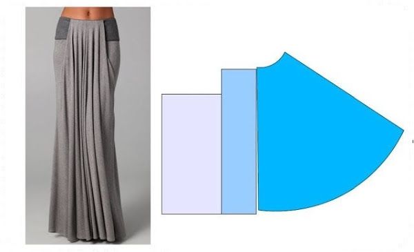 the image shows a gray maxi skirt with a dark gray waist band and pockets on the left. the diagram on the right shows a pattern for the skirt with a rectangle, a taller rectangle, and a flared section.