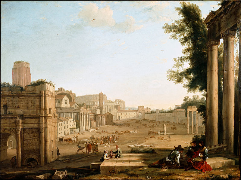 this is a painting of the roman forum in ruins, likely from the eighteenth century. the scene depicts various architectural remnants including columns, arches, and partially standing buildings. figures are scattered throughout the foreground and midground, some gathered in small groups and others moving through the forum. animals, including dogs and cattle, are also present. the sky is light and mostly clear, and trees frame the scene on the right.