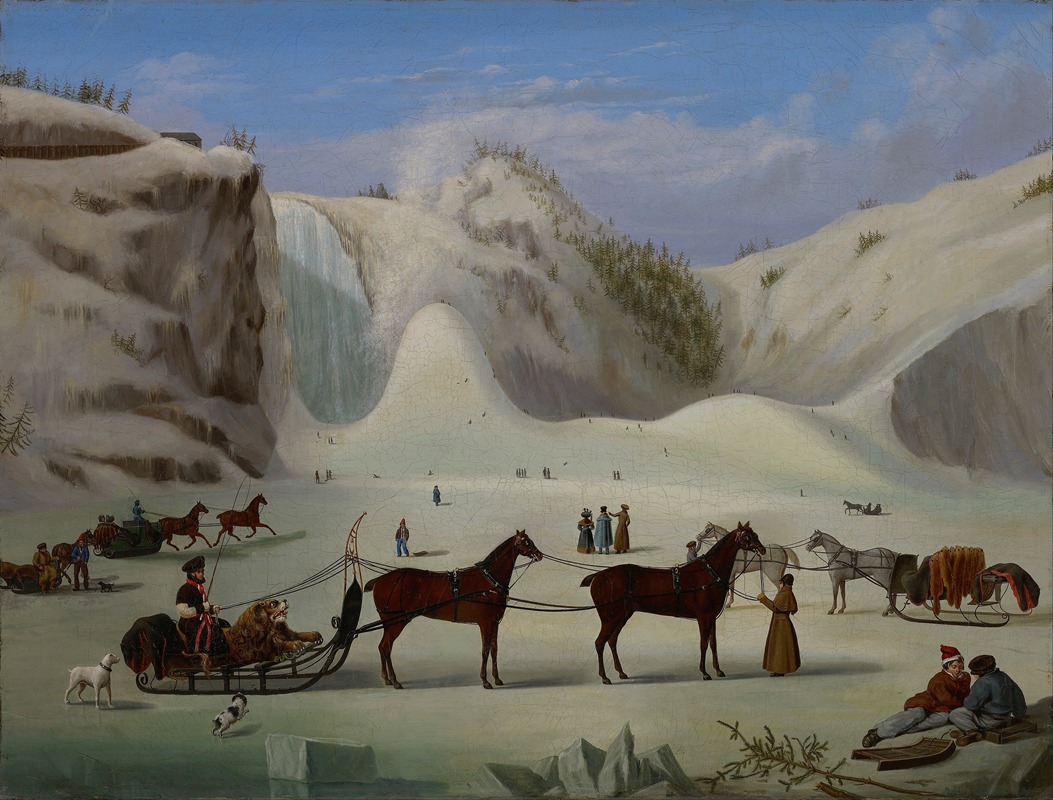 this is a painting of a winter landscape. in the foreground, there are several horsedrawn sleighs with people riding in them. one sleigh is carrying a large bear pelt. there are also people standing and lying down near the sleighs. dogs are present in the scene. the background shows snowcovered mountains with a frozen waterfall. the sky is partly cloudy. there are also small figures dotting the snowy landscape, suggesting people enjoying the winter scene.