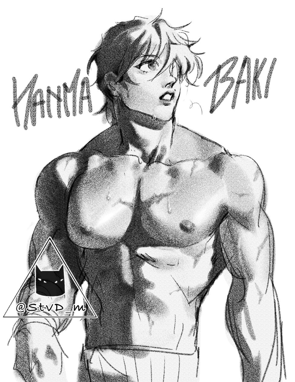 this is a drawing of baki hanma, a character from the manga series "baki the grappler." baki is known for his incredible strength and fighting skills. he's drawn in a dynamic pose, showcasing his muscular physique and determined expression. the drawing style is detailed and realistic, capturing baki's powerful presence.