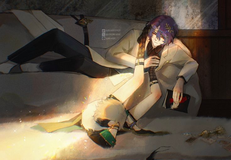 the image is a digital painting or illustration depicting two animestyle boys in a close, intimate embrace. one boy has purple hair and is wearing a lightcolored coat, while the other has blonde hair and is partially covered by the first boy. they are lying down together on a floor or bed, surrounded by a soft glow of light. the atmosphere is warm, cozy, and peaceful, conveying a sense of affection and love between the characters. the setting appears to be indoors, in a dark, slightly mysterious room. some scattered cards or game pieces are visible on the floor near them, adding a touch of mystery to the scene.
