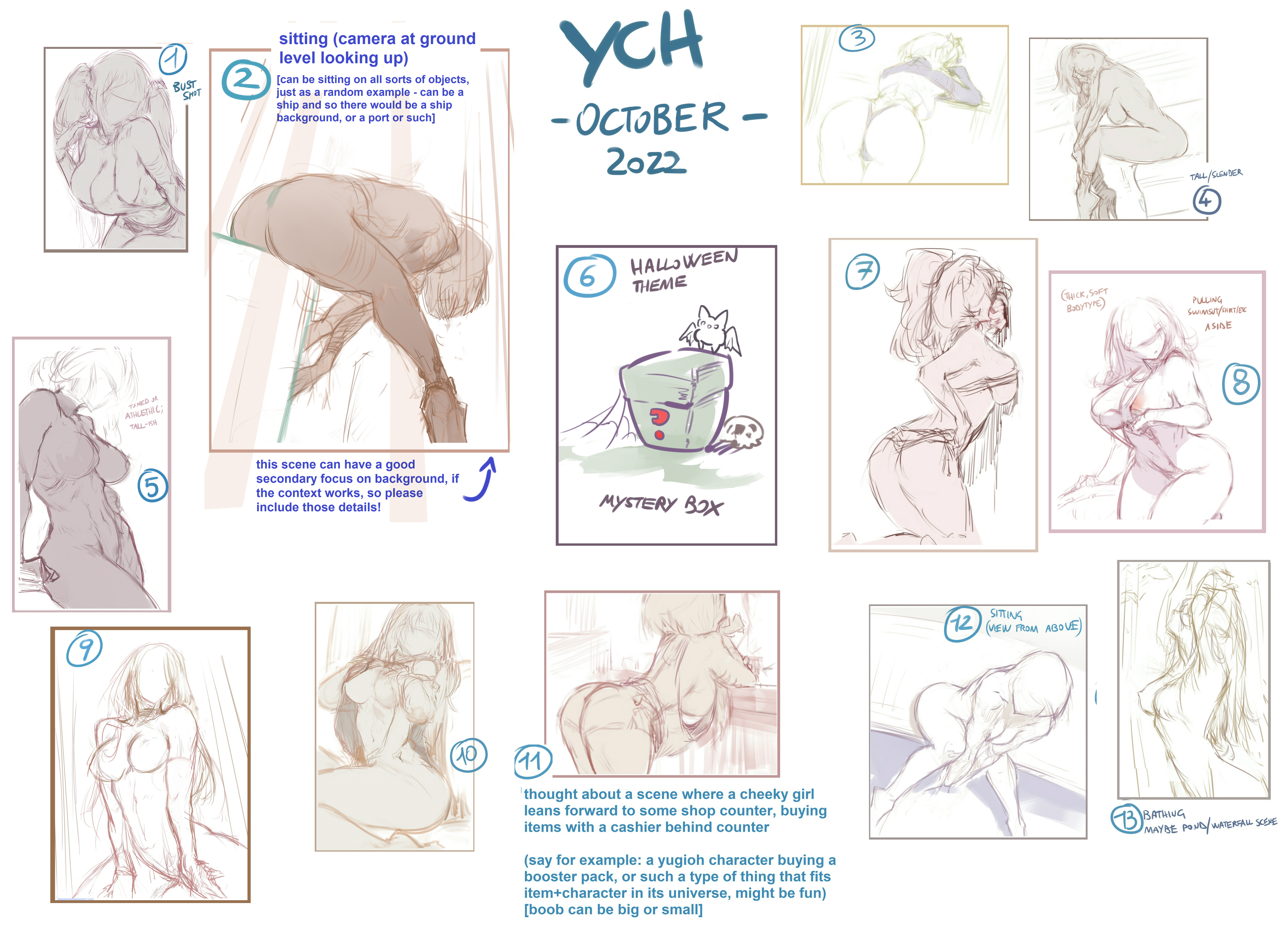 a commission sheet offers 13 different dynamic pose options, primarily focusing on female characters in various settings. it includes notes about potential scenarios and composition elements for each pose. the art style leans towards anime/manga, and the linework is loose and expressive. the sheet announces a "ych (your character here)" opportunity for october 2022, even featuring a themed "mystery box" option.