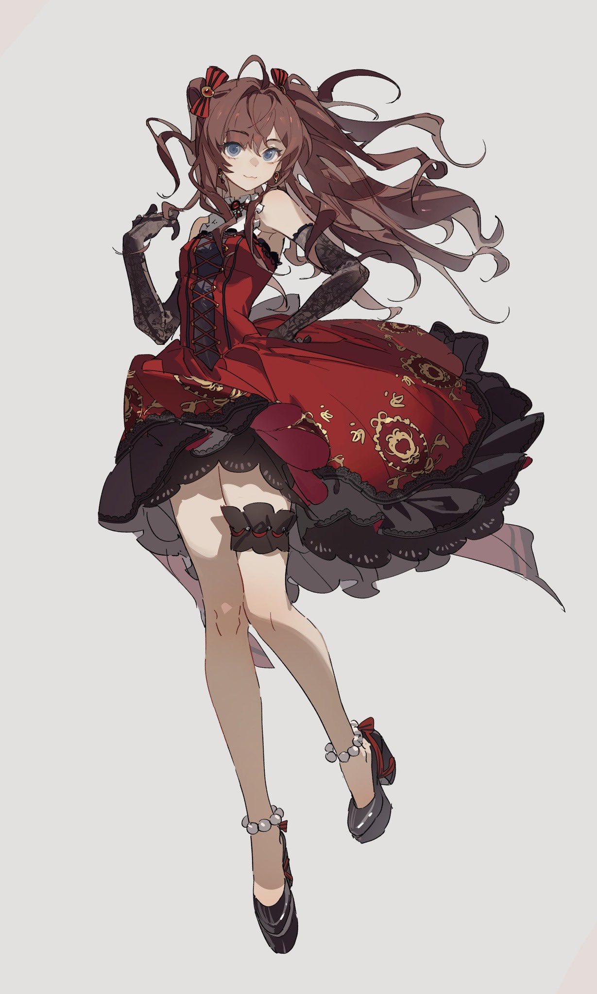 the image showcases a digital painting of a young animestyled woman. she's depicted in a dynamic pose, her long brown hair flowing dramatically around her. her attire consists of a striking red and black dress with intricate details, complemented by black gloves and elegant shoes. the overall style is expressive and detailed, with a focus on the character's graceful movement and the rich textures of her clothing. the background is simple and uncluttered, drawing full attention to the character.