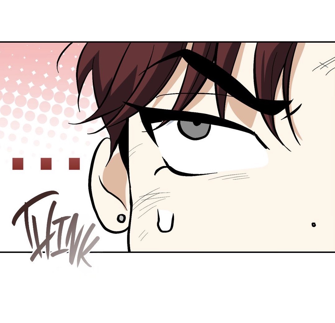the image is a closeup panel from a manga, manhwa, or webtoon. it shows the face of a young man with dark brown hair, who appears to be angry or frustrated. his eyes are wide, his eyebrows are furrowed, and there are sweat droplets visible on his face. he has a small earring in his left ear. the style is typical of korean webtoons, with clean lines and a slightly exaggerated facial expression. the word "think" is written in a stylized font in the bottom left corner, indicating the character's internal thought process.  a pink background with a dotted pattern is visible in the upper left.  the overall mood of the image is tense and intense.