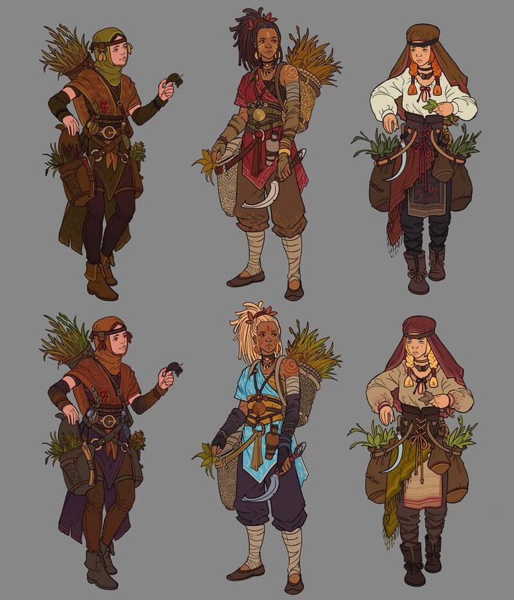 the image contains six illustrations of female characters, all dressed in different styles of fantasy clothing, each with a similar theme of being an adventurer or explorer. they are all carrying baskets of plants, with some of the characters wielding daggers. they are all drawn in a semirealistic style, with attention to detail on their clothing and accessories. they are all standing against a plain grey background, and the overall tone of the illustrations is one of adventure and exploration.