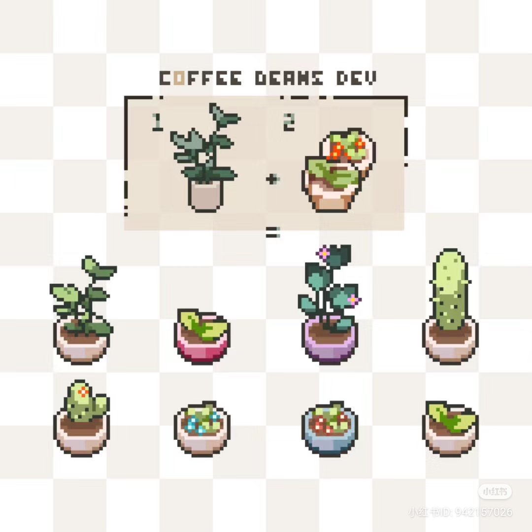 this image is a guide for combining different plants in a pixel art game. a leafy plant in a pot plus a bowl of coffee beans creates a plant with pink flowers. a cactus plus a bowl of coffee beans makes a cactus with a flower bud.