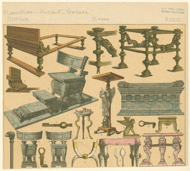 the image depicts a collection of furniture designs from ancient greece, labeled "furnitureancientgreece alterthum". the collection includes a bed frame, chairs, various tables, a statue, a chest, a key, and a cane.