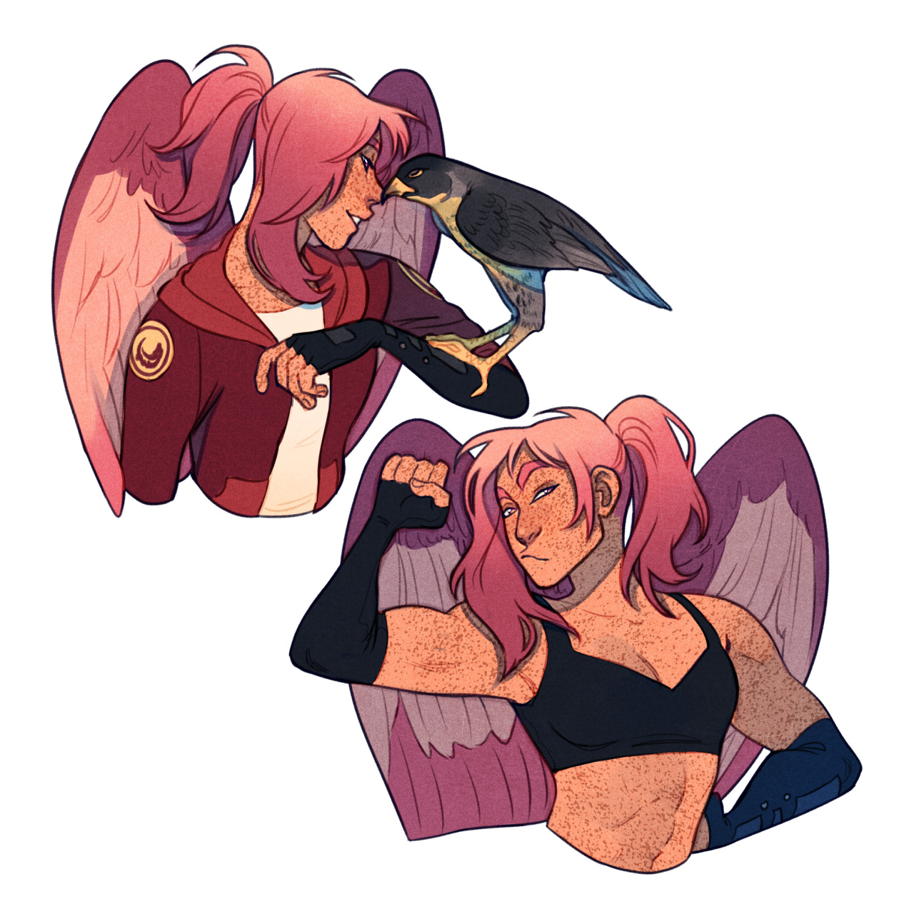 the image shows two bust illustrations of the same original female character with pink hair styled in pigtails and  large, feathery wings. in the upper image, she's more slenderly built and wearing a red jacket.  she's affectionately touching heads with a perched falcon. in the lower image, the character is drawn in a more muscular style, wearing athletic wear.  she flexes her arm, showing off her muscles.  both versions of the character are heavily freckled.