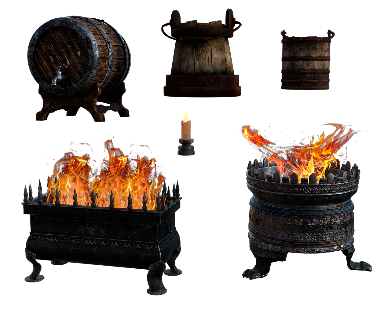 the image shows a collection of medievalthemed items. there's a wooden barrel with a tap, two different wooden buckets, a candle on a candlestick, and two braziers with fire burning inside. one brazier is rectangular with spikes, and the other is round and more ornate.