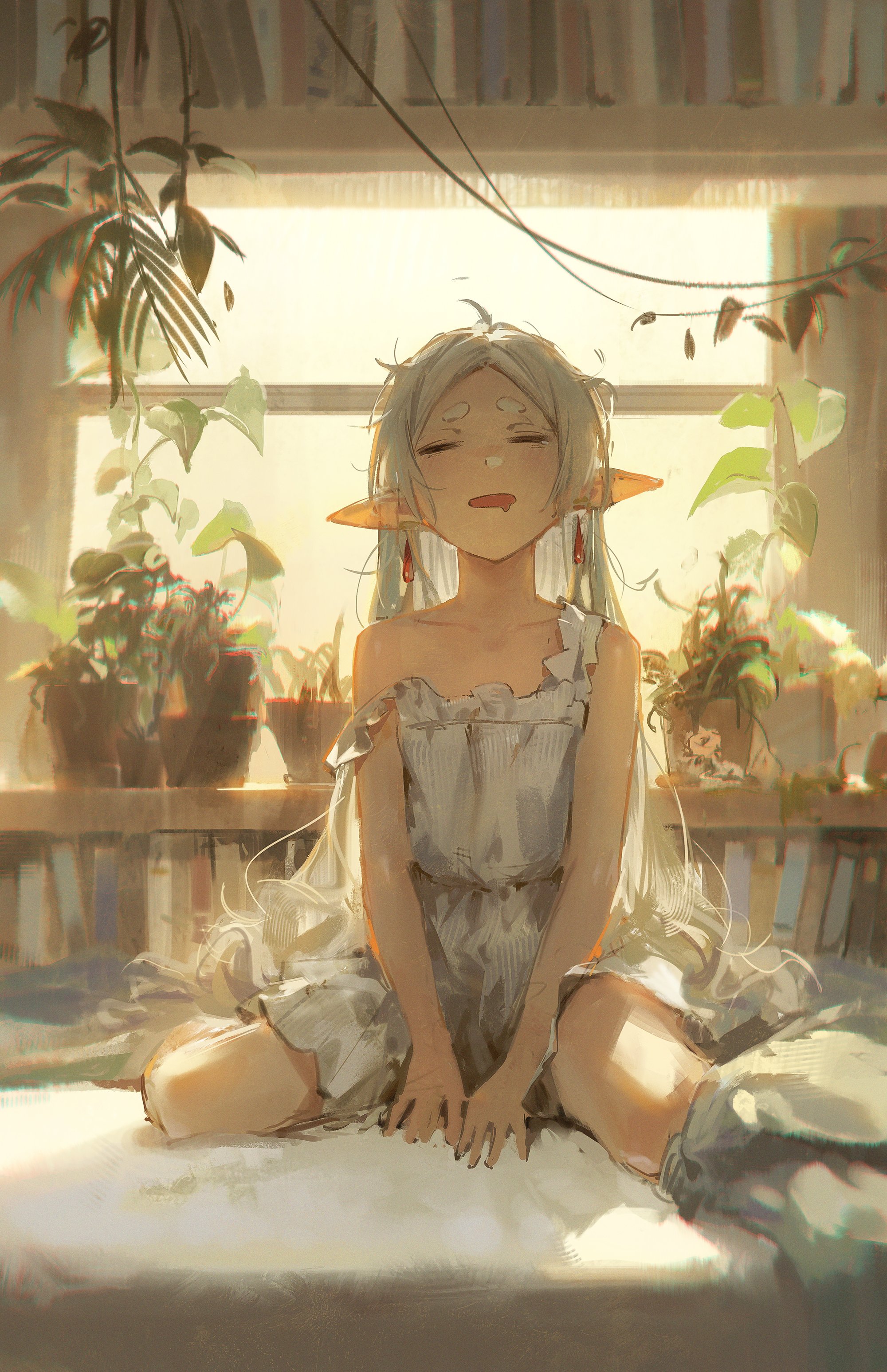 the image is a digital painting or illustration of an animestyle elf girl. she has long white hair, pointed ears, and is wearing a lightcolored summer dress. she is sitting on a bed or couch in a sunlit room, surrounded by plants and bookshelves filled with books. the overall mood is peaceful and serene. the art style is soft and warm, with a focus on light and color.