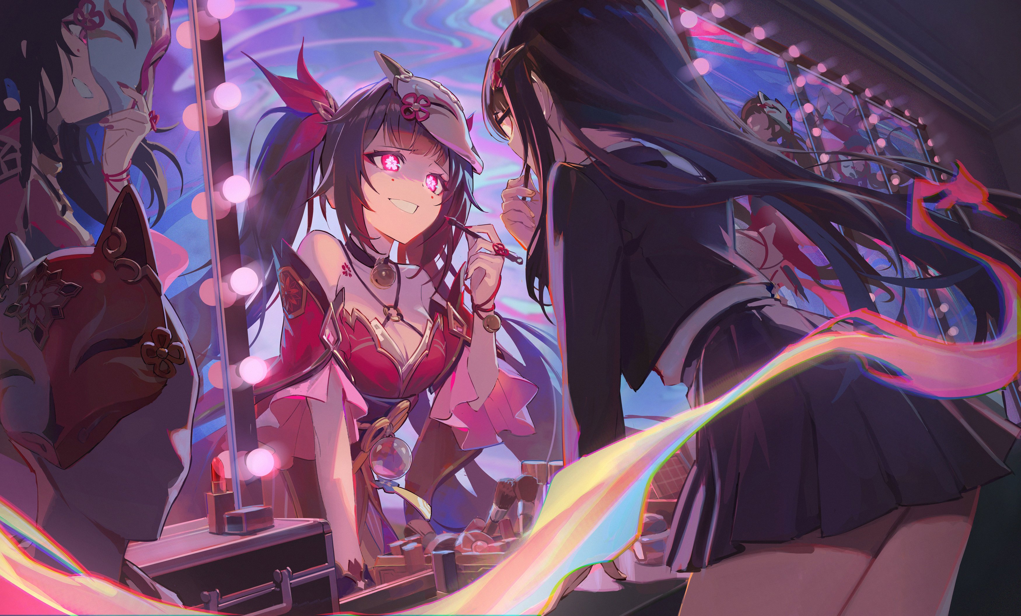 the image is a vibrant digital illustration or fanart featuring two anime girls. one girl, with long dark hair styled in twintails and a kitsune (fox) masklike headpiece, is applying lipstick in front of a vanity mirror. the other girl, also with long dark hair, appears to be helping her with her makeup. the setting is stylized and fantastical, with a swirling, iridescent light trail adding a magical touch. the overall aesthetic is bright and colorful, with a focus on the two girls and the process of applying makeup. the style is reminiscent of anime and potentially fanart from a video game, given the character design and overall aesthetic. the background features a mirror reflecting distorted versions of the girls.