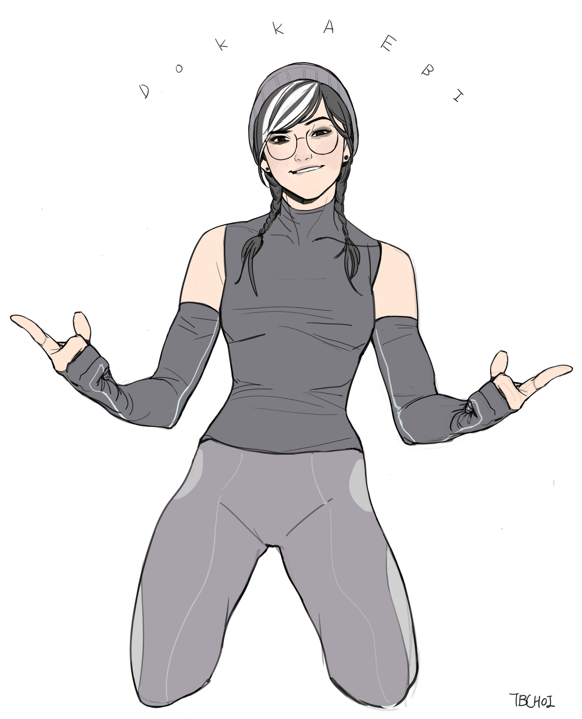 the image is a digital illustration of a female anime/mangastyle character.  she is kneeling on the ground,  wearing a grey beanie, grey top, grey leggings, and fingerless gloves. she's also wearing glasses and has pigtails.  she has a confident and slightly playful expression, with her hands gesturing outward.  letters "dokkaebi" are lightly sketched around her head. "tbchoi" is written as a signature in the bottom right corner.  the art style is clean and detailed, utilizing line art and shading.  the overall impression is that it's a character design or fan art, possibly relating to a game given the lettering.