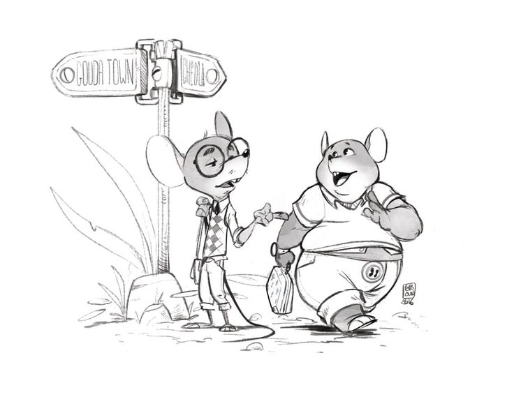 the image is a black and white cartoon sketch of two anthropomorphic mice standing near a signpost. the signpost points in two directions, labeled "gouda town" and "chedda town." one mouse is thin and wears glasses, a sweater vest, and pants. the other mouse is larger and wears a tshirt and shorts with a circle on the hip, carrying a bag. they appear to be having a conversation or interacting in some way.