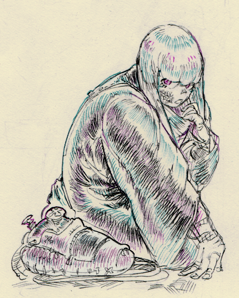 this is an illustration of a girl with long black hair sitting on her knees. she is wearing a black jacket with a large collar and dark boots with a mechanical attachment. the girl has a sad or worried expression on her face with her chin resting on her hand, as if she is in deep thought. the illustration is done in pen and ink with a grunge aesthetic and style reminiscent of anime and manga art.