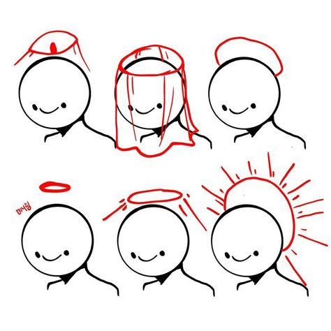 the image is a simple drawing depicting six minimalist figures. each figure has a circle for a head and a curved line for a body. the distinguishing feature is that each figure has a different type of "halo" above their head, ranging from a simple ring to an elaborate sunburst. this playful take on religious imagery uses humor to suggest different levels of "goodness" or "holiness."