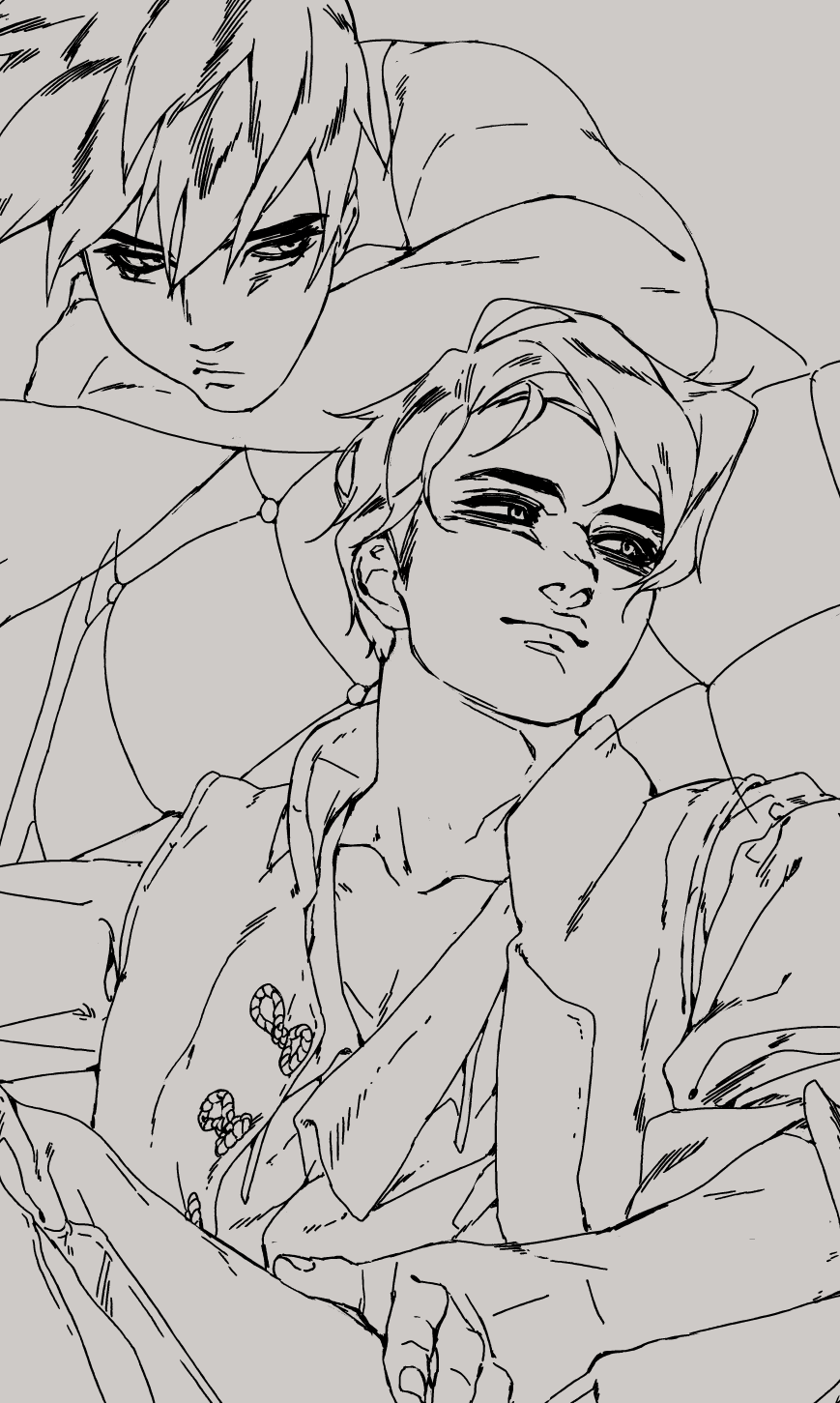 this is a black and white line art drawing of two anime boys, one sitting on top of the other. the bottom boy is looking straight ahead with a serious expression, while the top boy is looking down at the viewer with a more relaxed expression. they are both sitting on a couch or bed, and their clothes are casual. the drawing is done in a simple style, with minimal details. the lines are clean and crisp, and the overall effect is one of peace and tranquility.