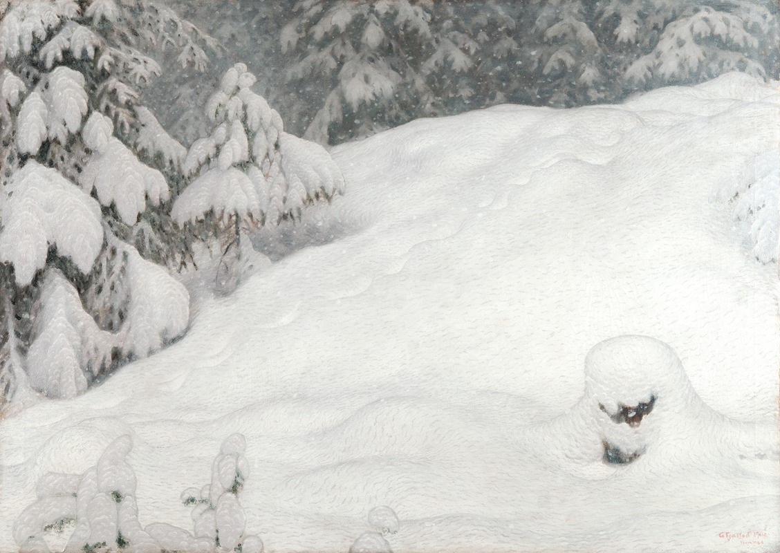 a winter landscape painting by gustave mühle depicts a snowcovered area with trees heavily laden with snow. the scene is serene and the overall tone is subdued due to the overcast sky and snowcovered ground.