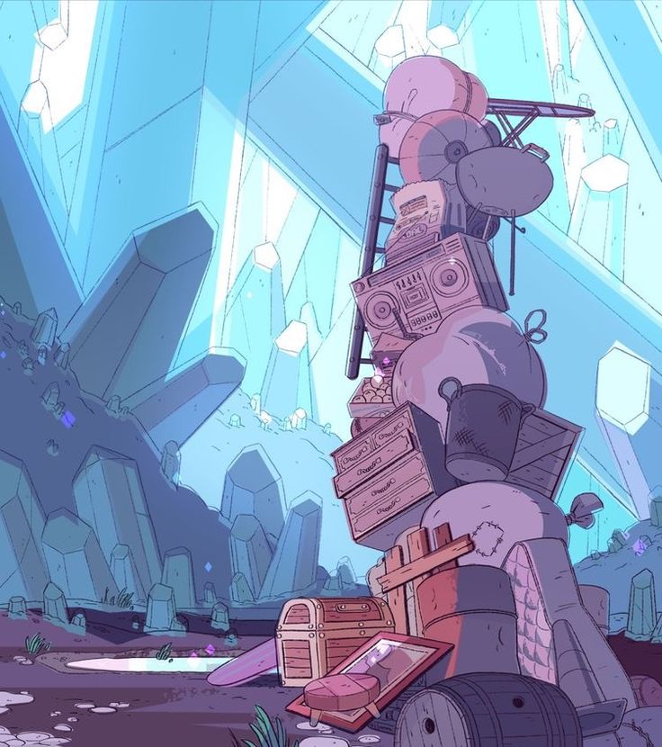 the image is a cartoon illustration of a whimsical, fantasy landscape. the scene takes place in a cavern or cave, with large, glowing blue crystals forming the walls and floor. in the foreground, a large pile of junk is haphazardly stacked; this includes various household items, a boombox, a treasure chest, and other random objects. a wooden cart or platform supports a portion of the pile. the overall style is reminiscent of the cartoon show steven universe. the colors are soft pastel shades of blue and purple, creating a dreamy and slightly surreal atmosphere. the image appears to be a background or setting for a story or animation.
