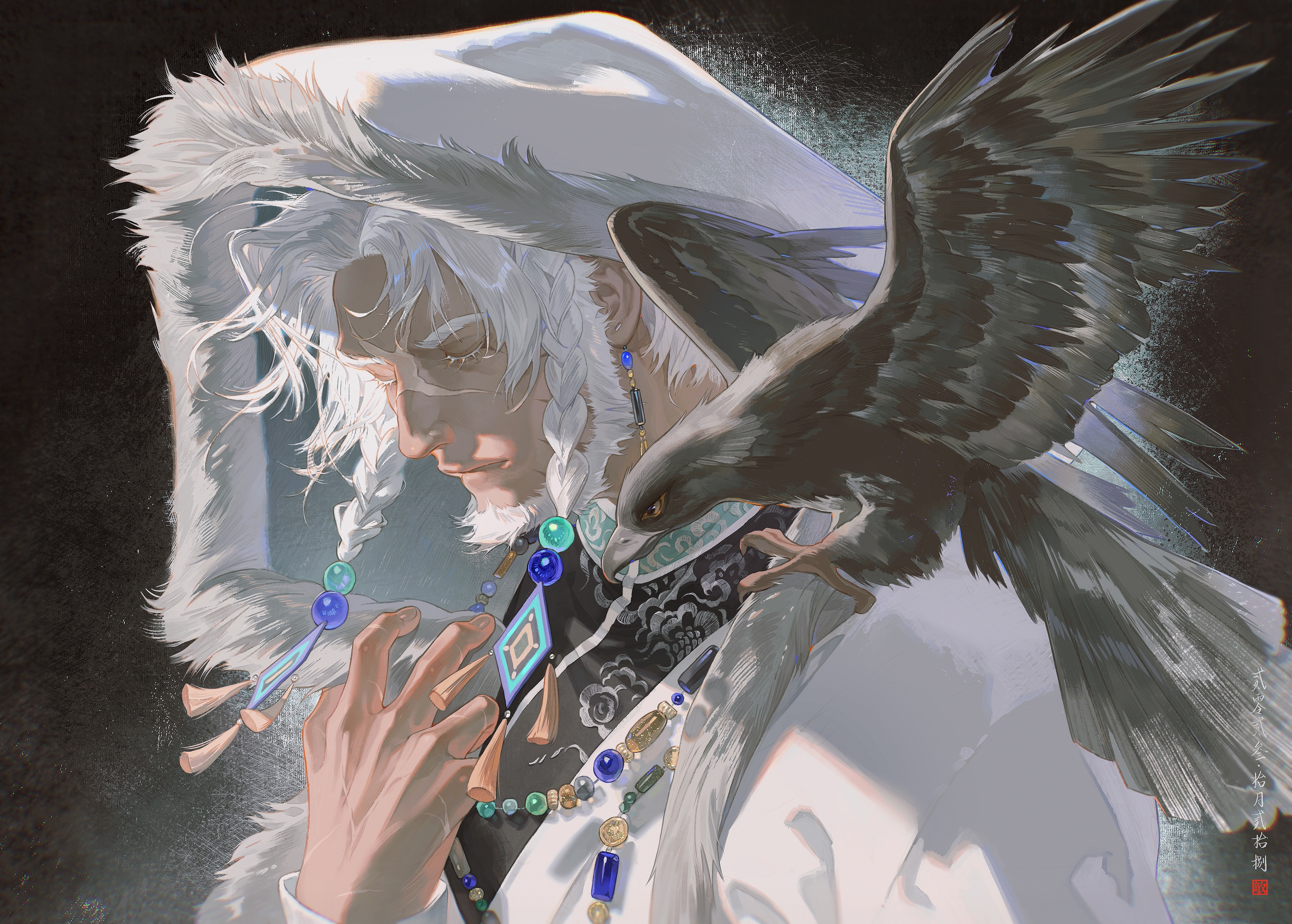 a  man with long white hair in a braid is wearing a white hood and cloak with a black hawk perched on his shoulder.  he is wearing a  blue, green, and gold  necklace. the man has a serious expression and looks down as if deep in thought.  the background is dark.