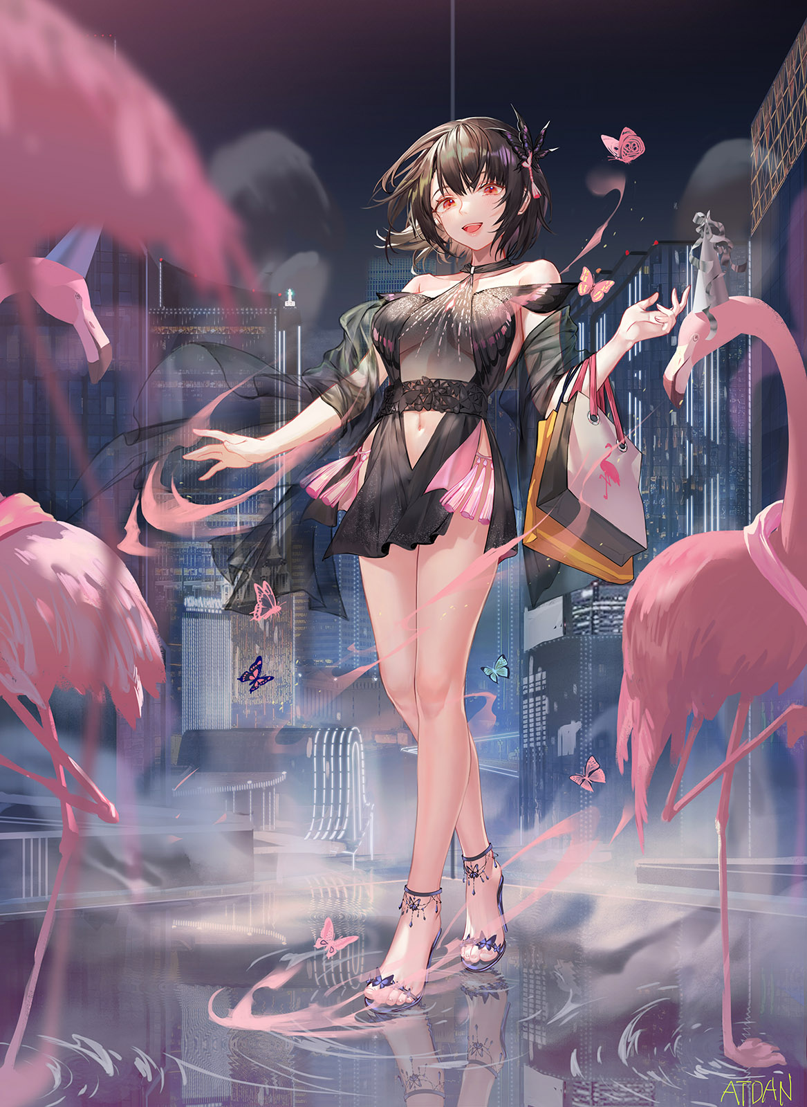 the image is a vibrant digital painting of an animestyle young woman. she's stylishly dressed in a black, semisheer summer dress with pink accents, adorned with delicate lace details.  she's carrying shopping bags and wears elegant heeled sandals.  the setting is a futuristic city at night, with tall skyscrapers visible in the background. pink flamingos are artfully positioned around her, creating a surreal and whimsical atmosphere. butterflies flutter around her, adding to the dreamlike quality. the woman's pose is elegant and poised, and her reflection is visible on a wet, reflective surface. the overall style is highly detailed and combines elements of fantasy and urban scenery.  the artist's signature, atdan, is subtly placed in the bottom right corner.