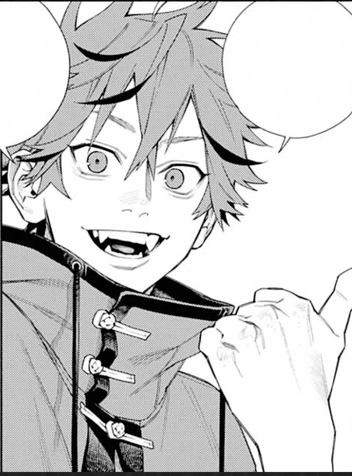 a black and white image of an anime character smiling with their hand raised in the air,  wearing a red jacket with buttons, and black hair. the character is looking at the viewer. the background is white and there is a speech bubble to the side of the character.