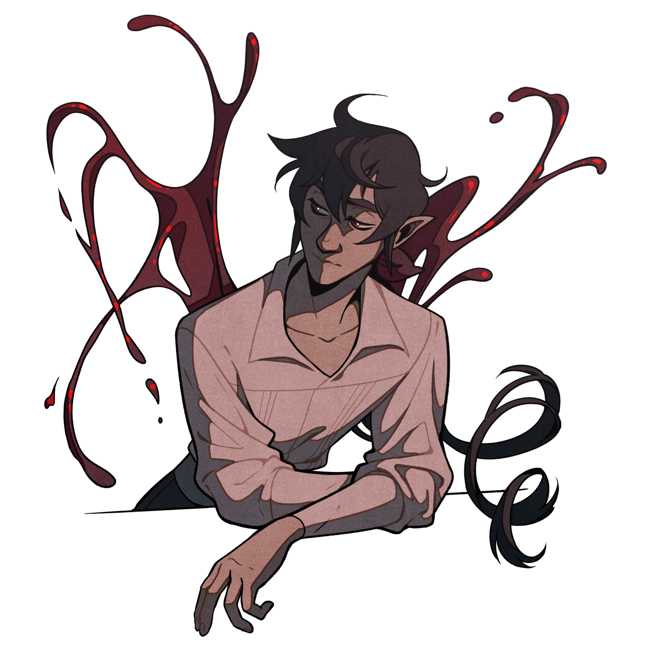 the image showcases a male elf with dark hair and pointed ears, a common trope in fantasy settings. he's clad in a loosefitting, pale shirt, and his expression is contemplative. the most striking elements are the abstract, bloodred shapes swirling behind him, hinting at a connection to magic or a darker nature, perhaps vampiric given their resemblance to splattered blood.