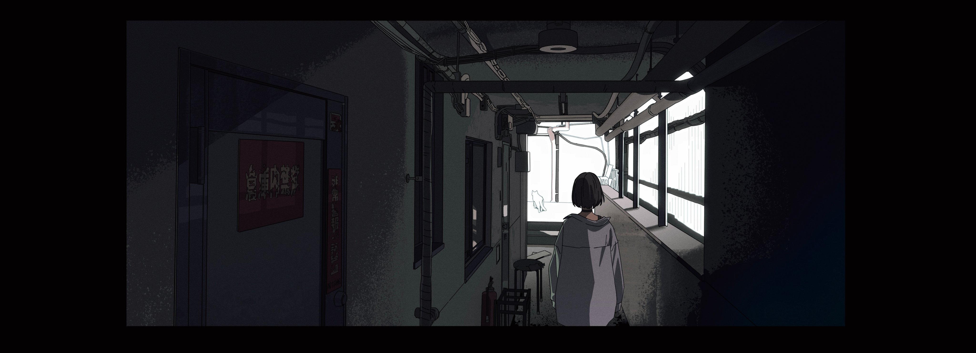 the image is a digital illustration in an anime style. it depicts a girl with short dark hair walking away from the viewer down a dimly lit, narrow alleyway. the alley is flanked by aged buildings, with exposed pipes, wires, and windows. the atmosphere is dark, moody, and slightly mysterious. a small, white cat is visible in the distance. the overall style is realistic yet with a stylized anime feel to the character and setting. the color palette is muted and desaturated.
